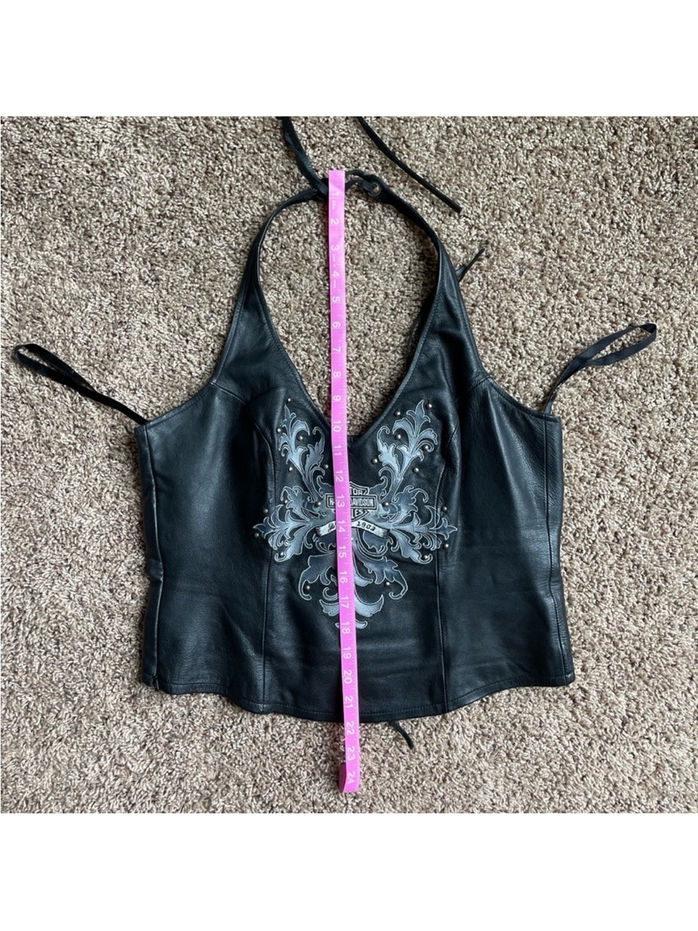 Harley-Davidson Leather Corset Halter Top with Silver Embroidered Crest - Picture 5 of 6